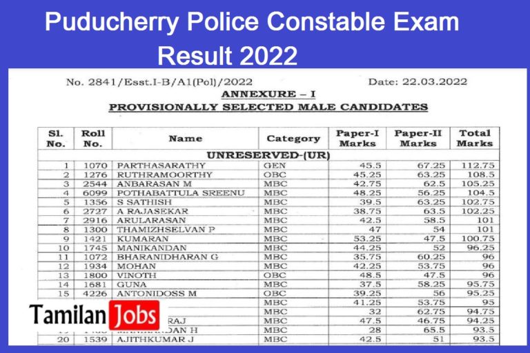 Puducherry Police Constable Exam Result 2022