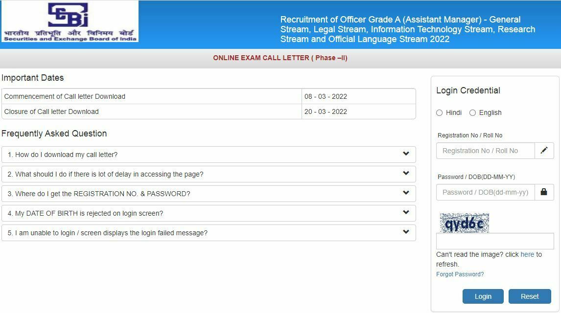 SEBI Grade A Phase 2 Admit Card 2022