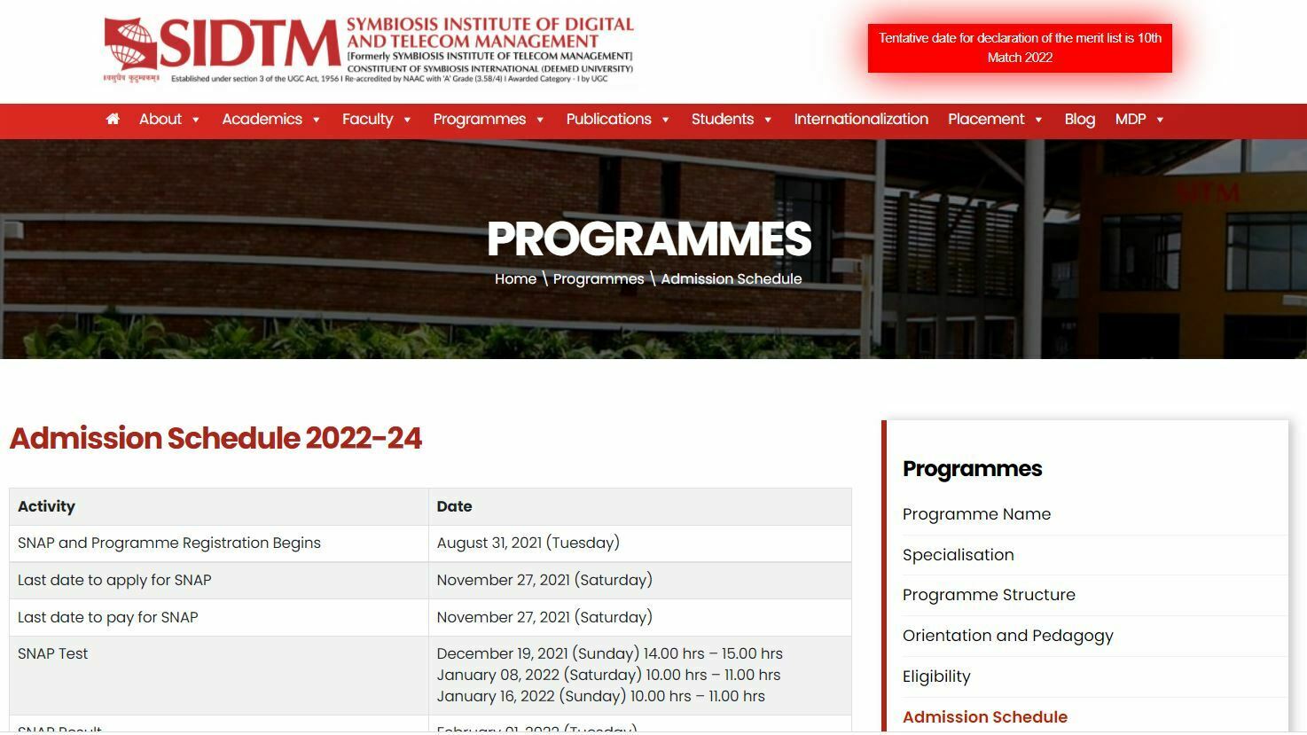 SIDTM Admission First Merit List 2022