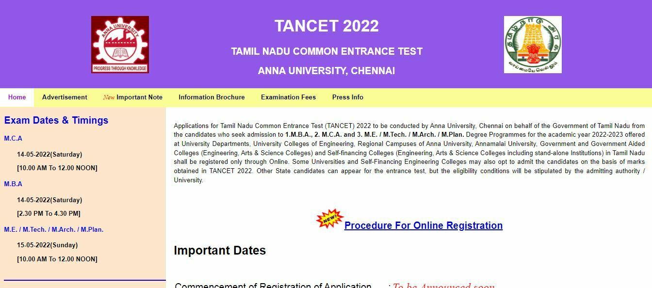 TANCET 2022 Exam Date