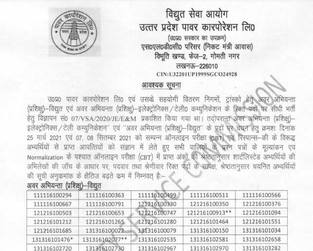 UPPCL Junior Engineer Result 2022 (Out) Check Merit List @upenergy.in