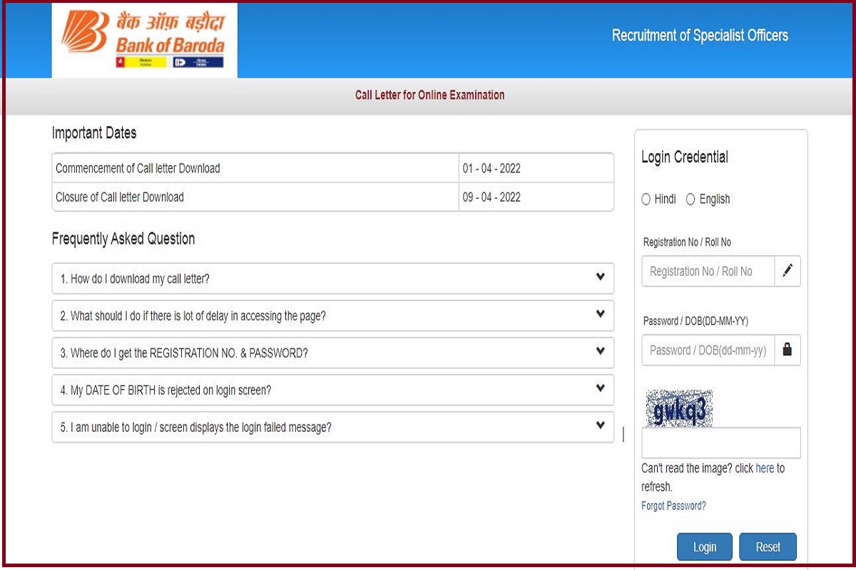 BOB Specialist Officers Admit Card 2022