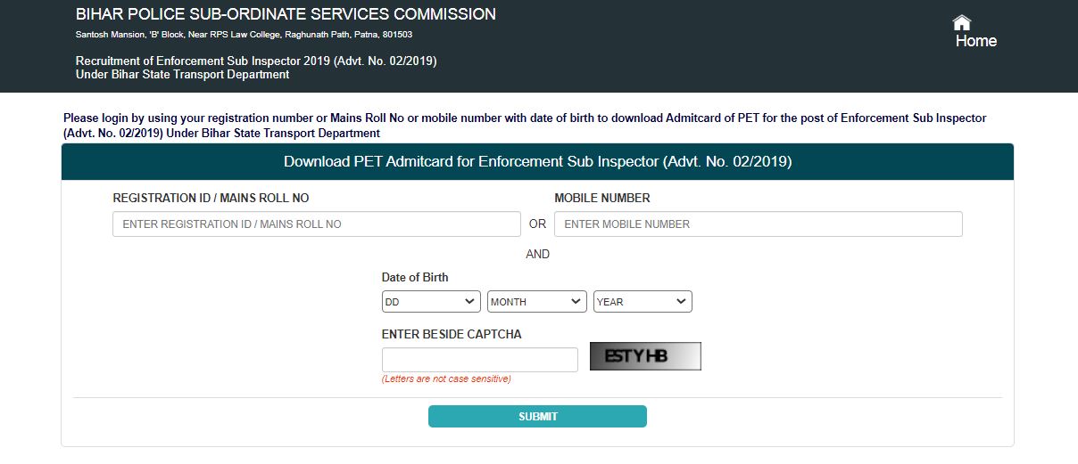 Bihar Police ESI Admit Card 2022