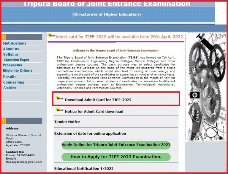 TJEE Admit Card 2022 (Out) Check Tripura Board Joint Entrance Exam Date
