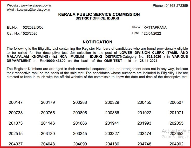 Kerala PSC LDC Result 2022 (Released) Check Lower Division Clerk Results