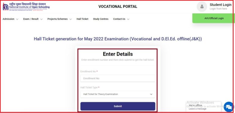 NIOS Vocational, D.El.Ed Hall Ticket 2022 (Out) Check Exam Dates Here