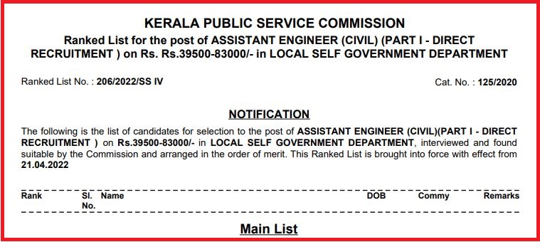 Kerala PSC AE Result 2022 (Out) Check Assistant Engineer Main List Here