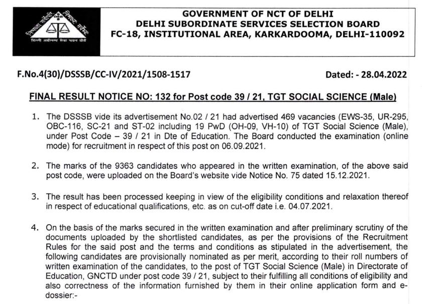 DSSSB TGT Result 2022