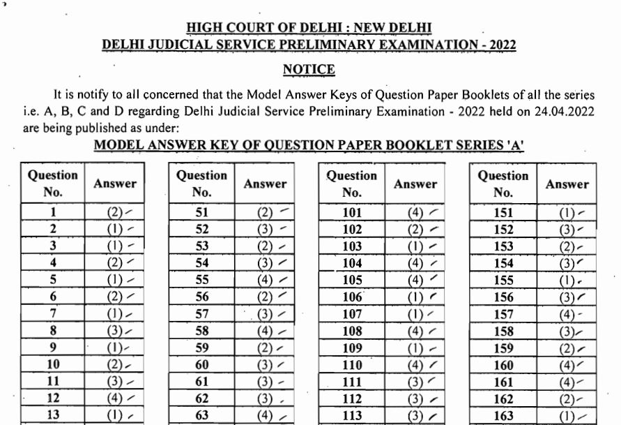 Delhi High Court Judicial Service Prelims Answer Key 2022