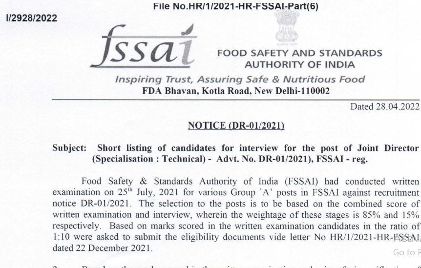 FSSAI Joint Director Result 2022