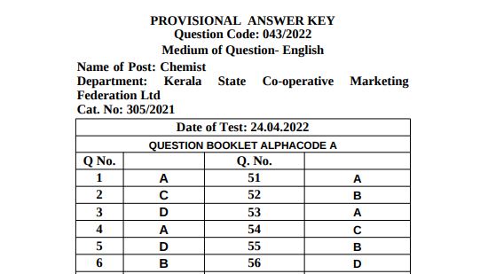 Kerala PSC Chemist Answer Key 2022 PDF