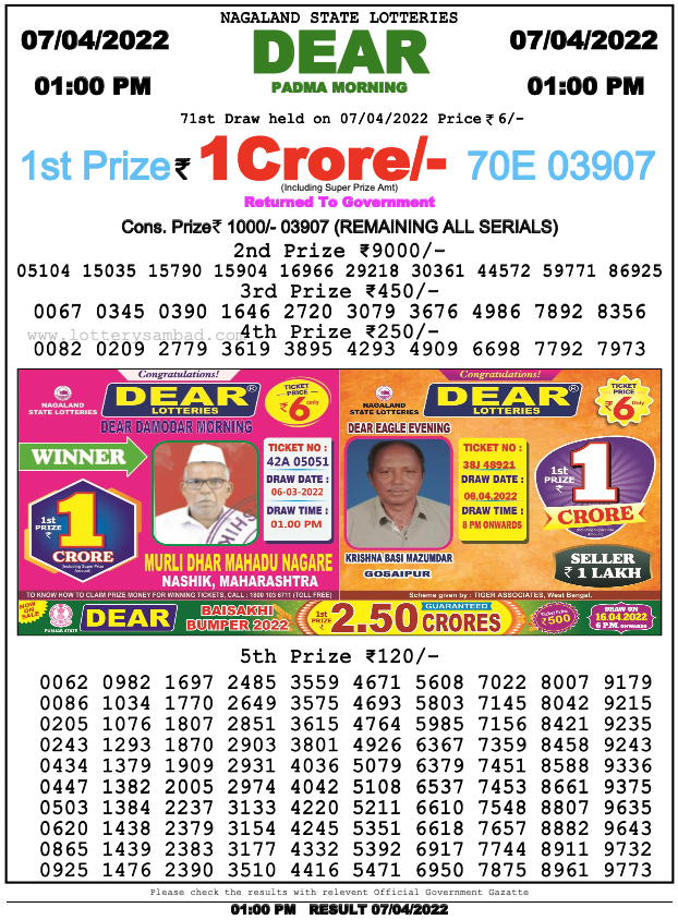 Lottery Sambad 1 PM Result on 7.4.2022