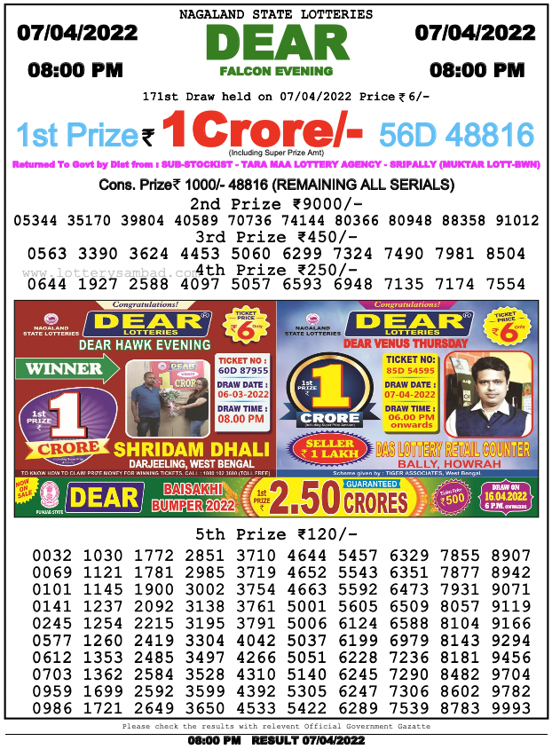Lottery Sambad 8 PM Result on 7.4.2022