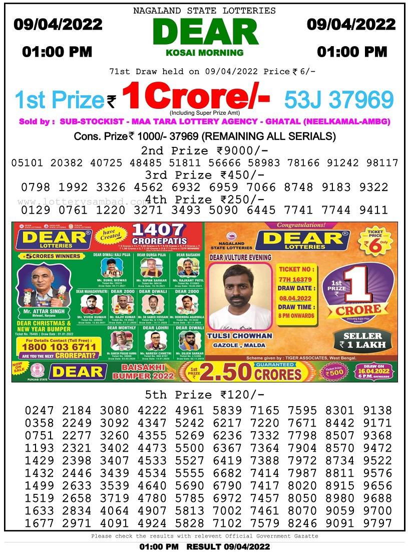 Nagaland Lottery Sambad 1 PM Result on 9.4.2022