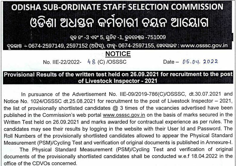 OSSSC Livestock Inspector Exam Result 2022