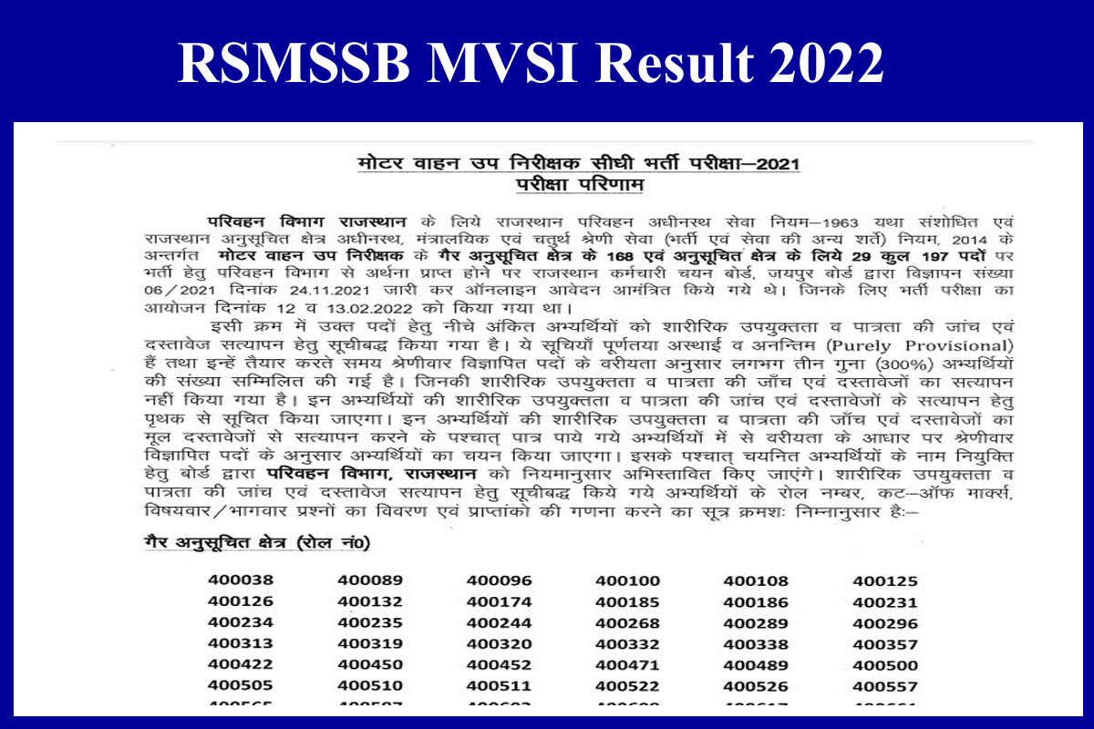 RSMSSB MVSI Result 2022