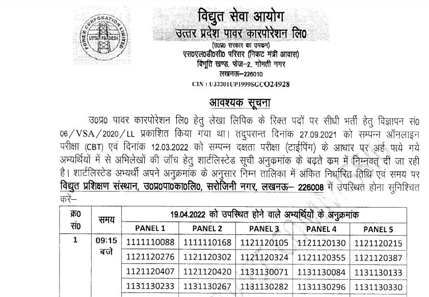 UPPCL Accounts Clerk Lekha Lipik Skill Test Result 2022