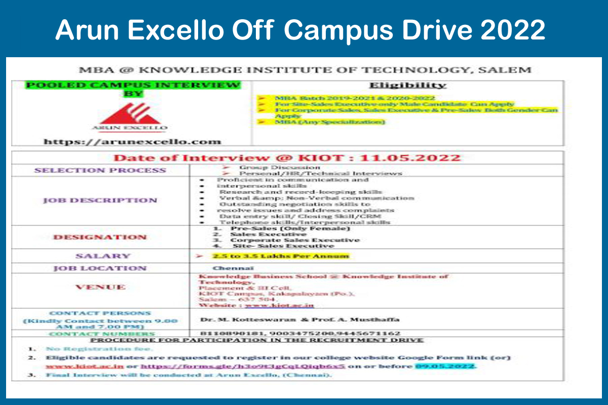 Arun Excello Off Campus Drive 2022