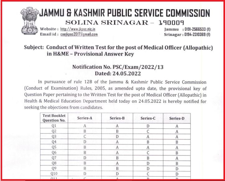 JKPSC Medical Officer Answer Key 2022 Released Check MO Solution Key Here @ jkpsc.nic.in