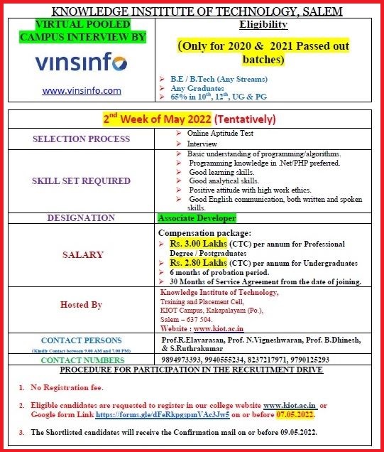 Vinsinfo Hiring Associate Developer Post -Off Campus Drive For Fresher