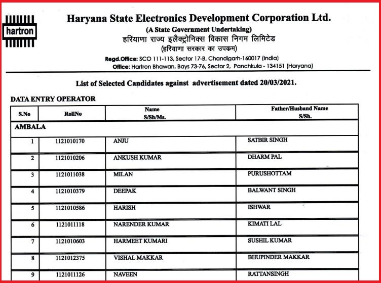 HARTRON DEO Result 2022 Out Download Data Entry Operator Results PDF Here