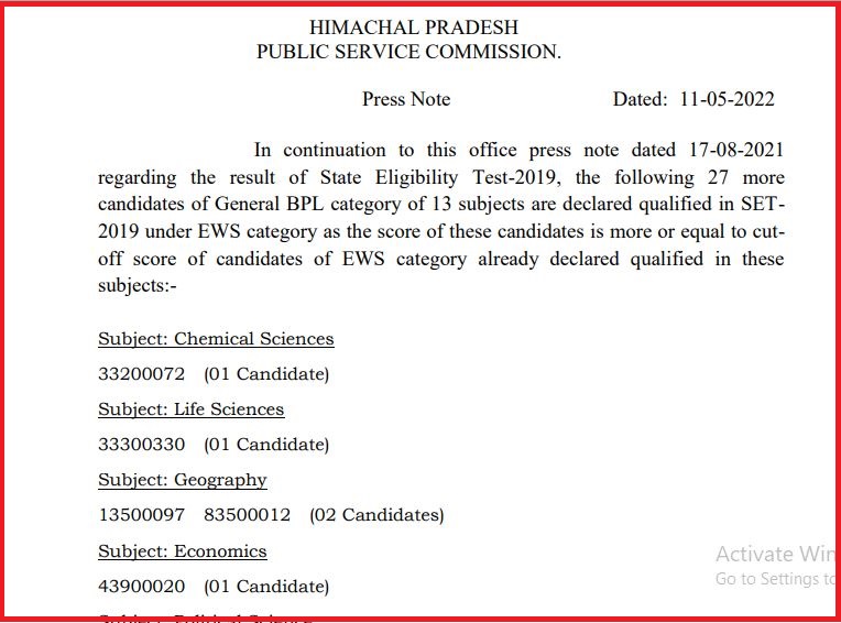 HPPSC SET Revised Result 2022 Declared Check State Eligibility Test Results PDF Here