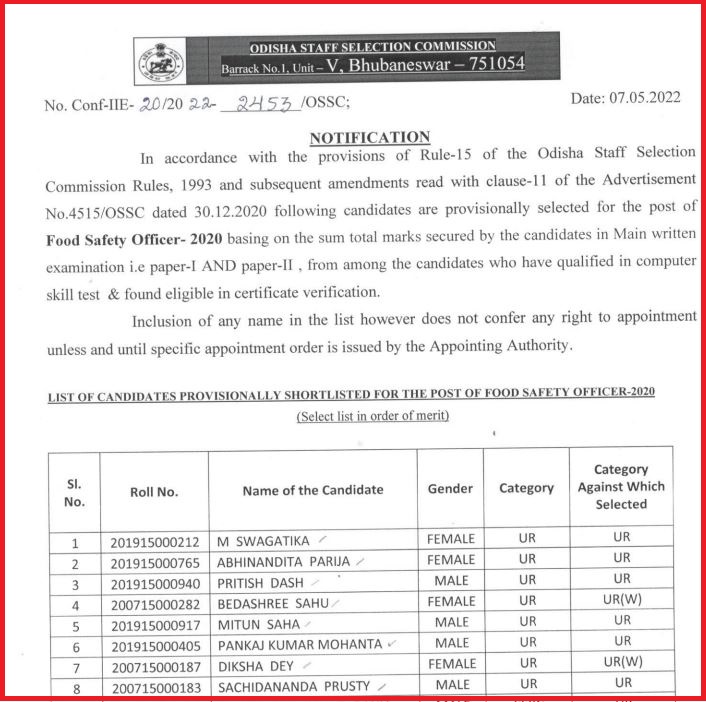 OSSC Food Security Officer Final Result 2022 Out Check FSO Cut Off Marks Here