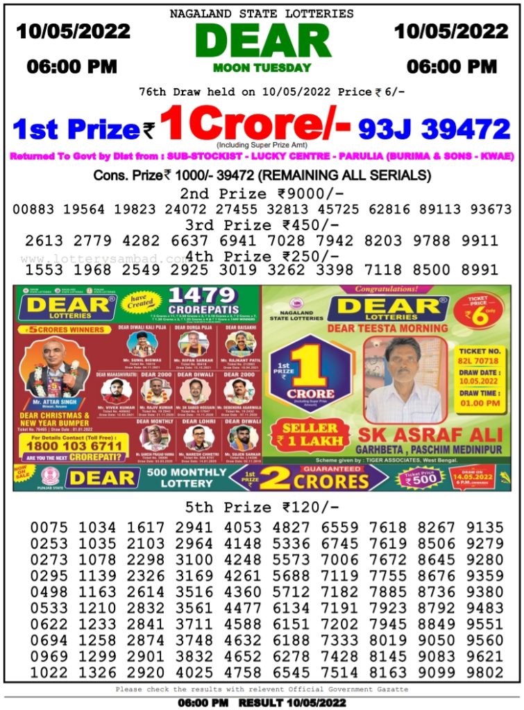 Nagaland Lottery Sambad 6 Pm Result On 10.5.2022