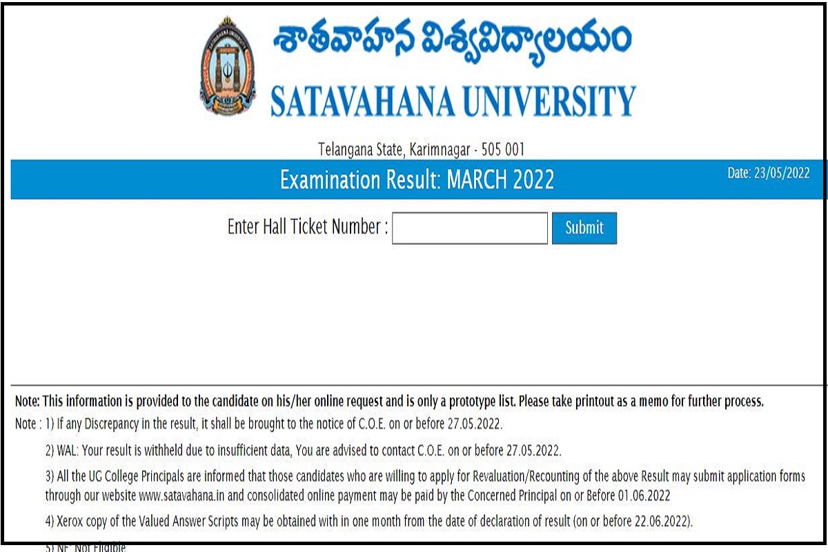 Satavahana University Degree Results 2022