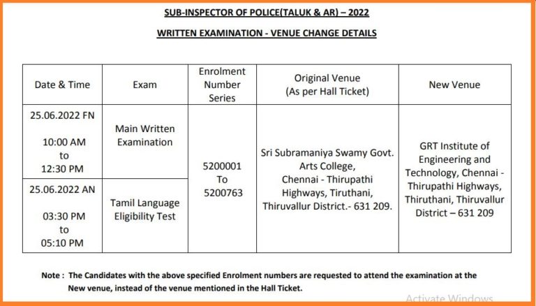 TN Police SI Main Exam 2022 Venue Changed Details Check Here