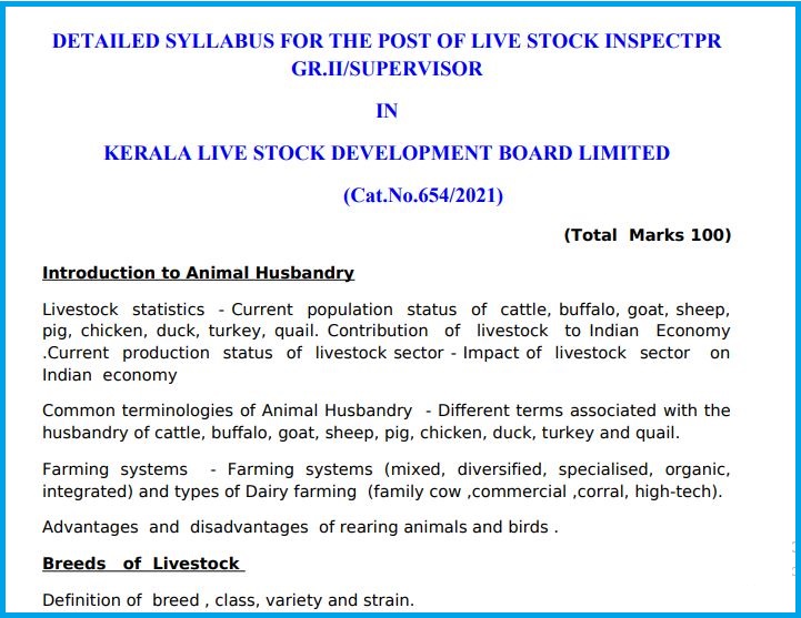 Kerala PSC Live Stock Inspector Grade 2 Syllabus 2022 Check Exam Pattern