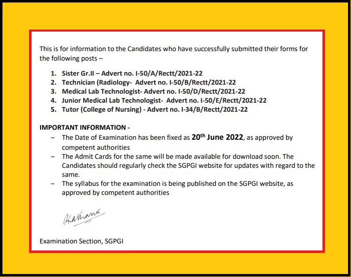 SGPGIMS Group B, C Admit Card 2022, Exam Date Announced Check Out @ sgpgi.ac.in