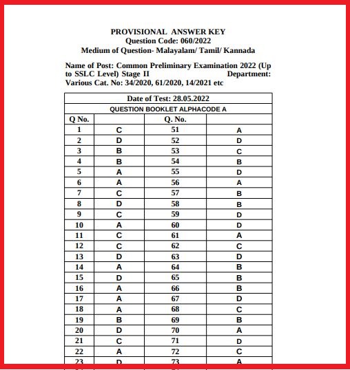 Kerala PSC 10th Level Prelims Answer Key 2022 PDF Declared Download @ keralapsc.gov.in