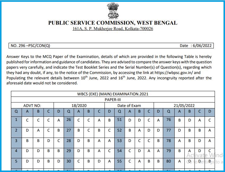 WBPSC Civil Service Mains Answer Key 2022 Out Download Exam Key PDF Here