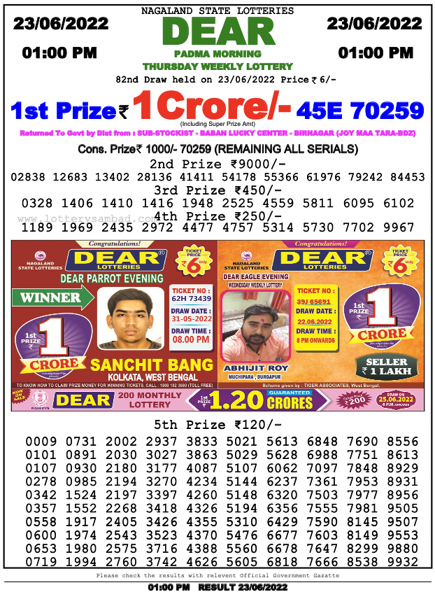 Nagaland lottery sambad 1 PM Result on 23.6.2022