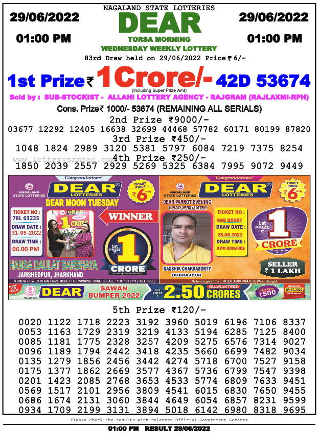 Nagaland Lottery Result 30.6.2022 {Live} 1Pm, 6Pm, 8Pm