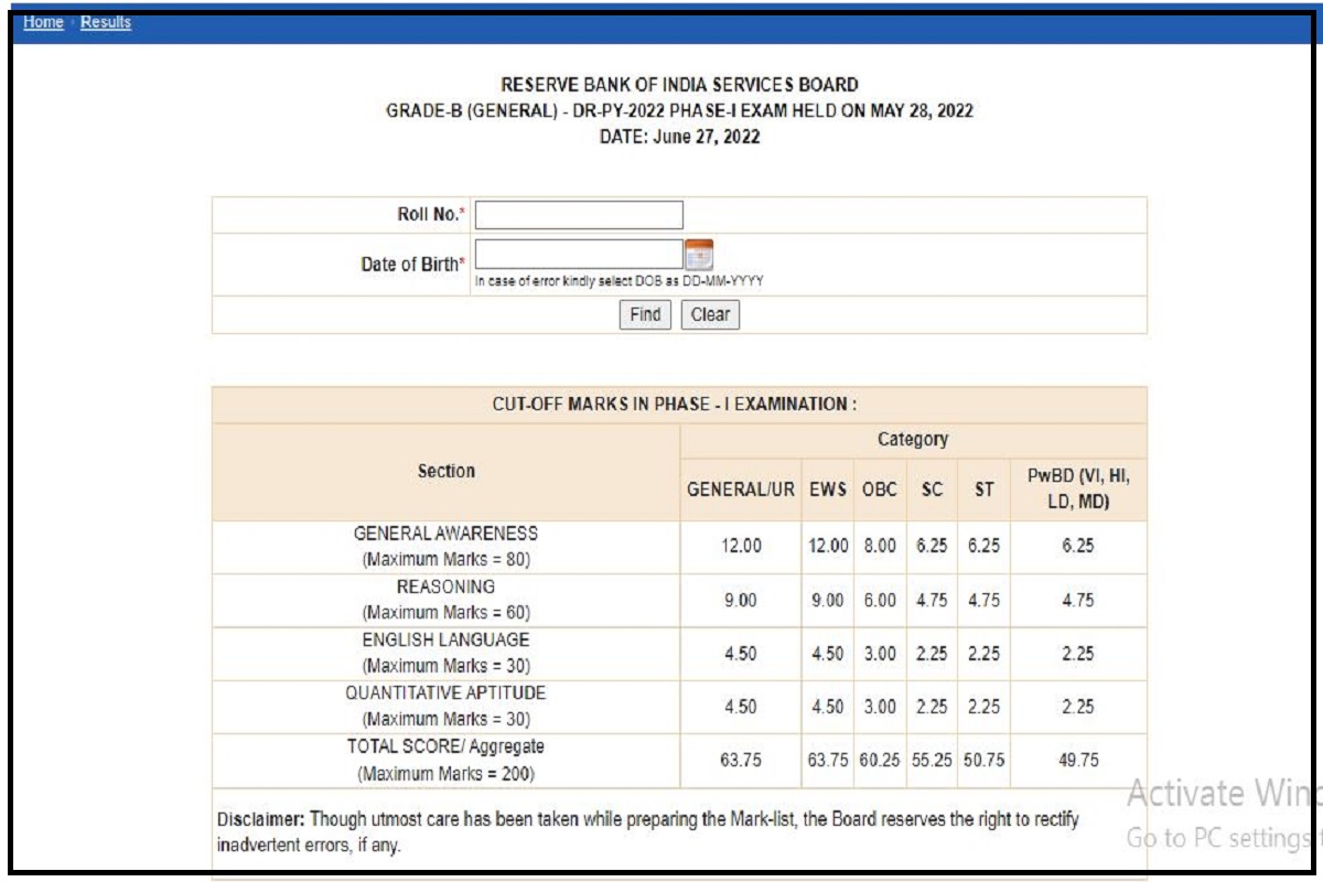 RBI Grade B Phase 1 Score 2022