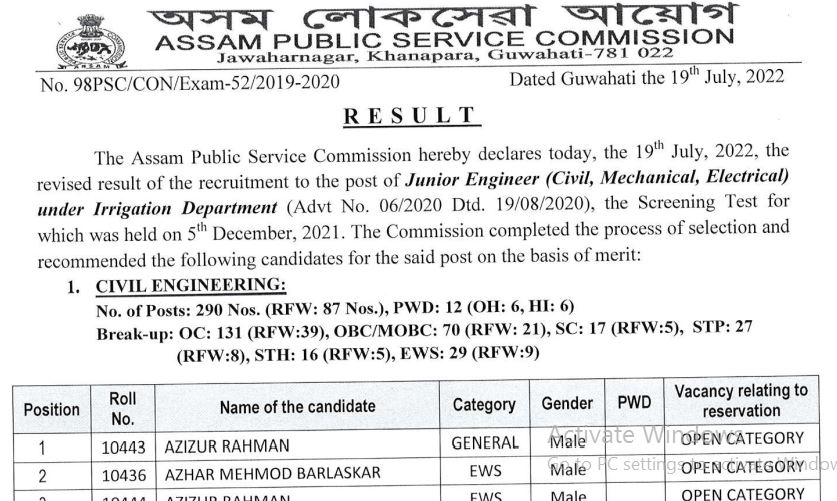 APSC JE Screening Test Result 2022