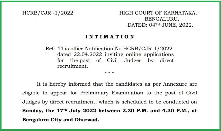 Karnataka High Court Civil Judge Hall Ticket 2022 Out Check Exam Date