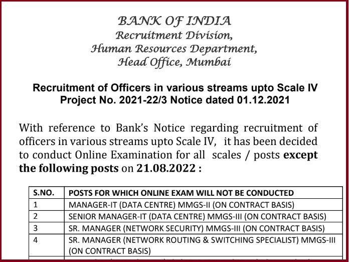 Boi Officer Scale 4 Exam Date 2022 Out Check Here Admit Card Details