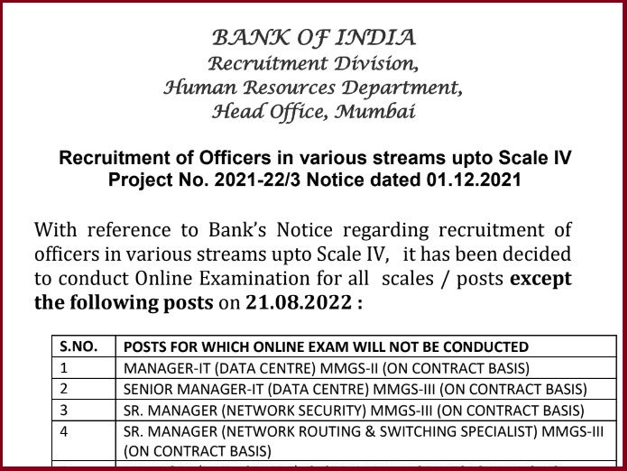 BOI Officer Scale 4 Exam Date 2022 Out Check Here Admit Card Details