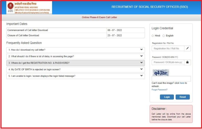 ESIC SSO Main Admit Card 2022 Released Check Social Security Officer Exam Date Here
