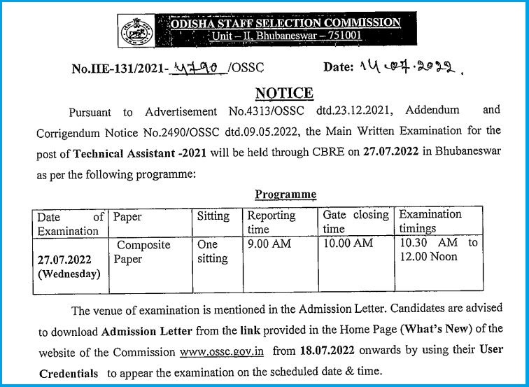 Ossc Technical Assistant Exam Date 2022 Out Check Here