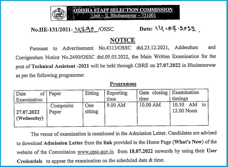 OSSC Technical Assistant Exam Date 2022 Out Check Here