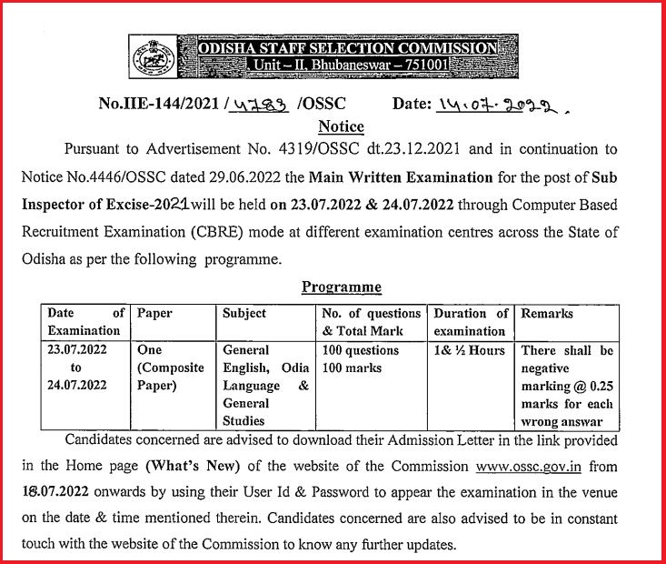 OSSC SI Exam Date 2022 Declared Check Sub Inspector Admit Card Details
