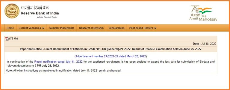 RBI Officer’s Grade B Phase II Document Submission Date Extended Check Out @ rbi.org.in