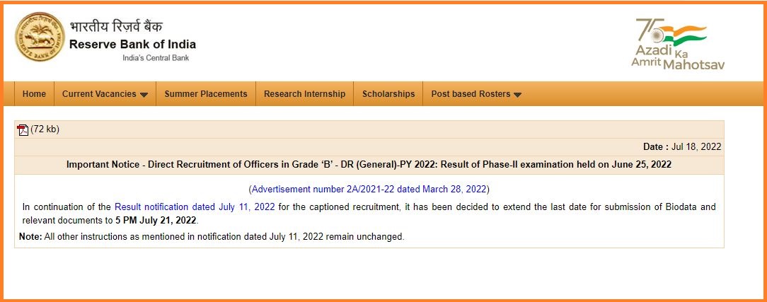 Rbi Officer'S Grade B Phase Ii Document Submission Date Extended Check Out @ Rbi.org.in