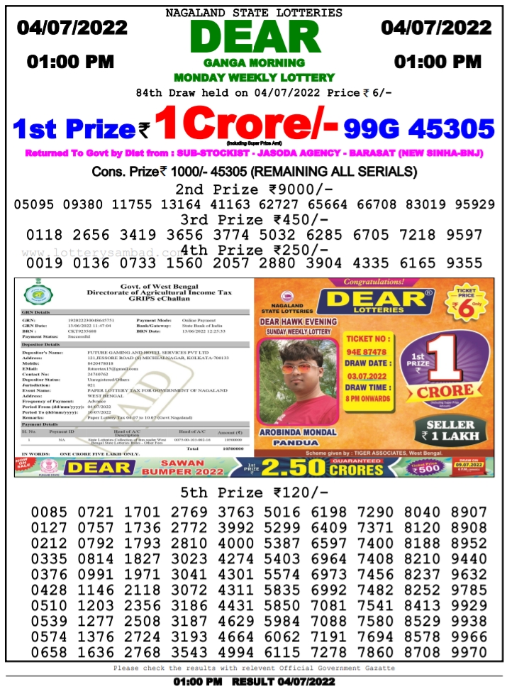 Nagaland lottery sambad 1 PM Result on 4.7.2022
