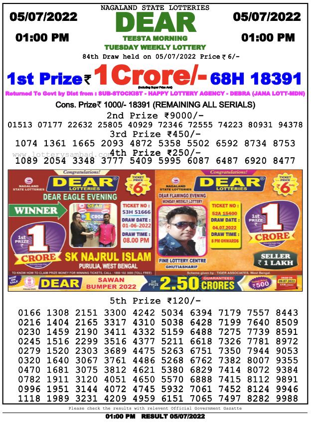 Nagaland lottery sambad 1 PM Result on 5.7.2022