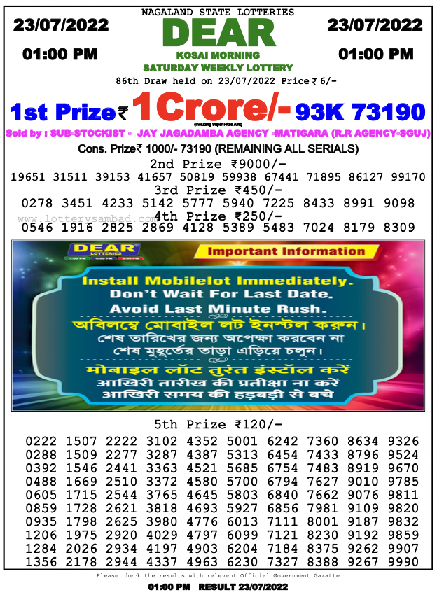 Nagaland Lottery Sambad 1 Pm Result On 23.7.2022 